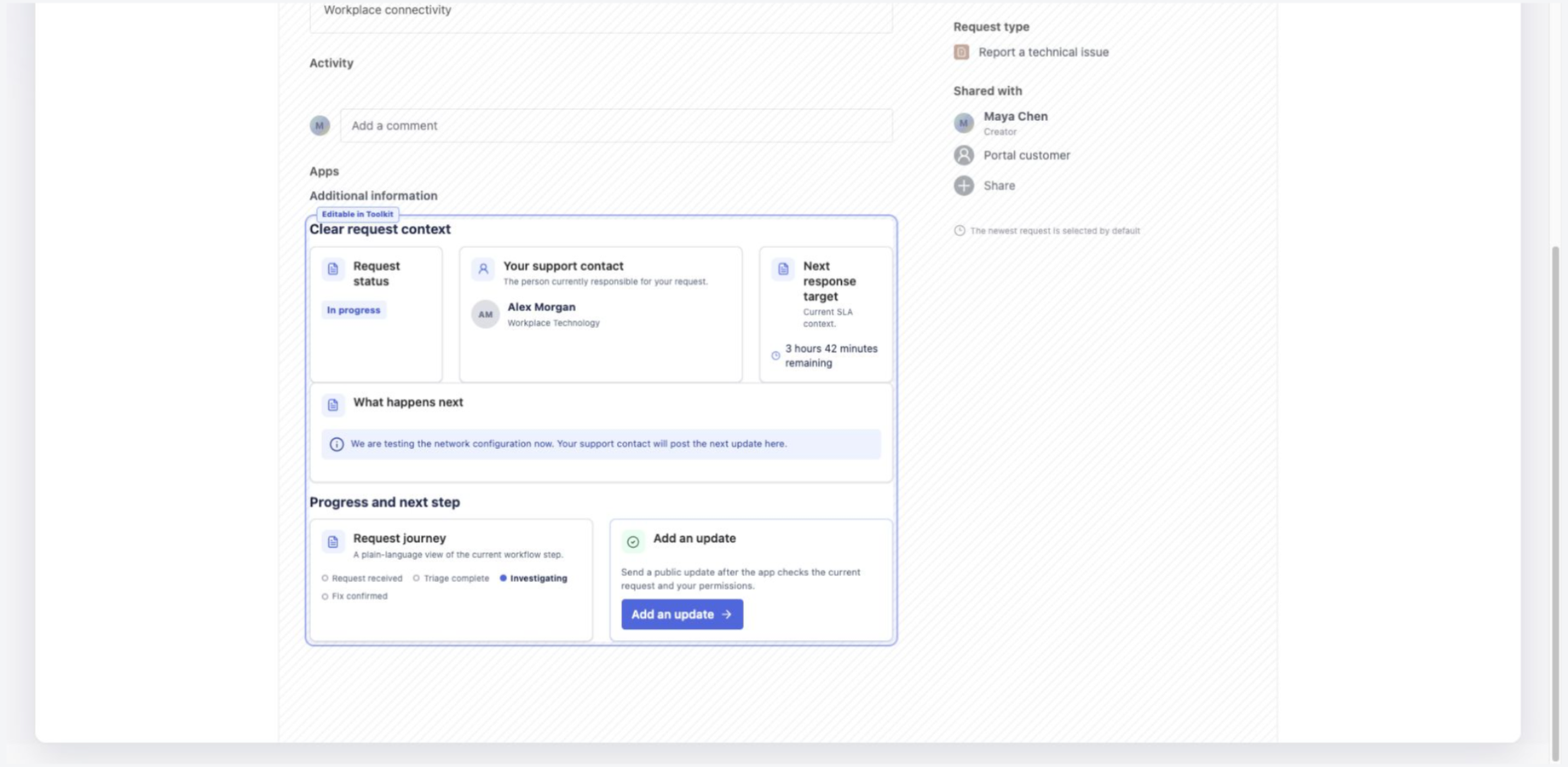 Customer Portal Toolkit request context rendered in a Jira Service Management customer portal
