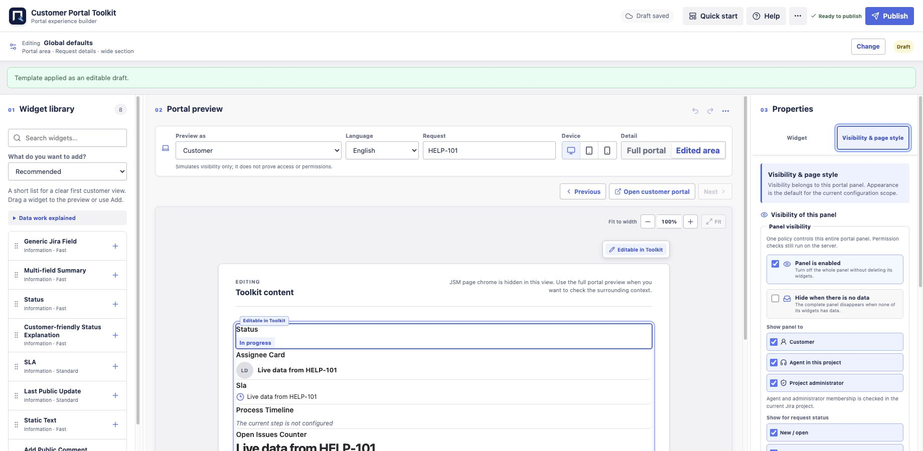 Builder inspector with customer, project agent, project administrator, request status and device visibility controls.