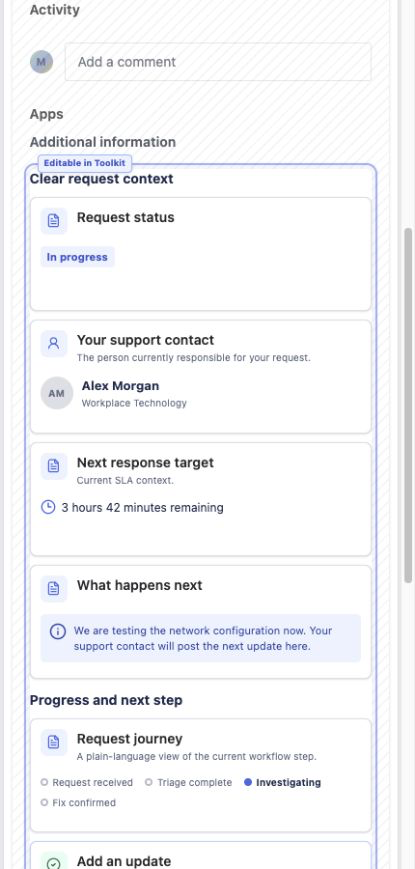 Mobile synthetic customer request with vertically stacked Customer Portal Toolkit content.