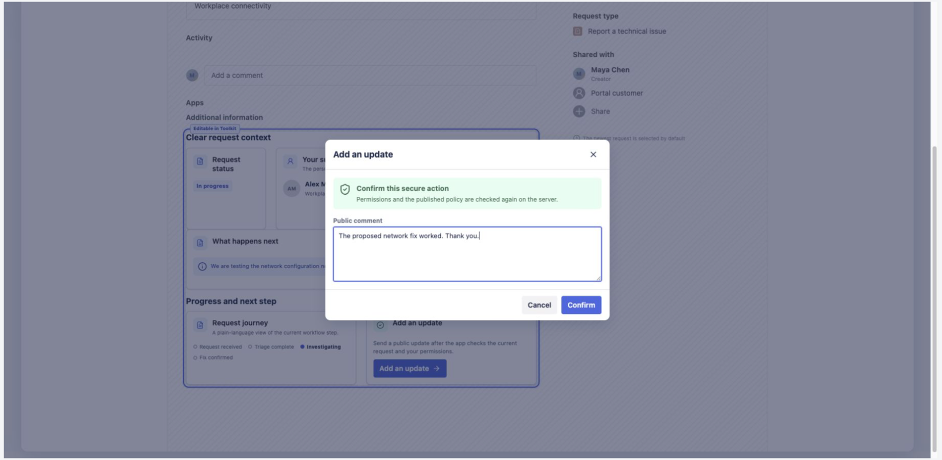 Confirmation dialog for a public customer update explaining that permissions and published policy are checked again on the server.