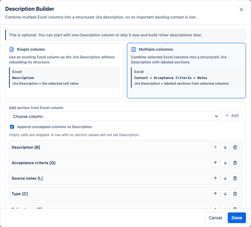 Description Builder modal with several workbook columns selected.