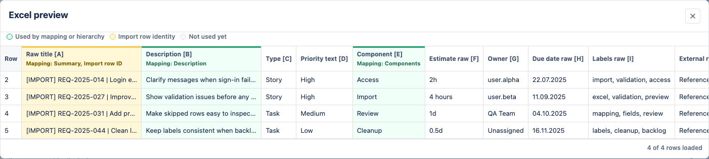 Workbook preview modal showing source rows and highlighted columns.