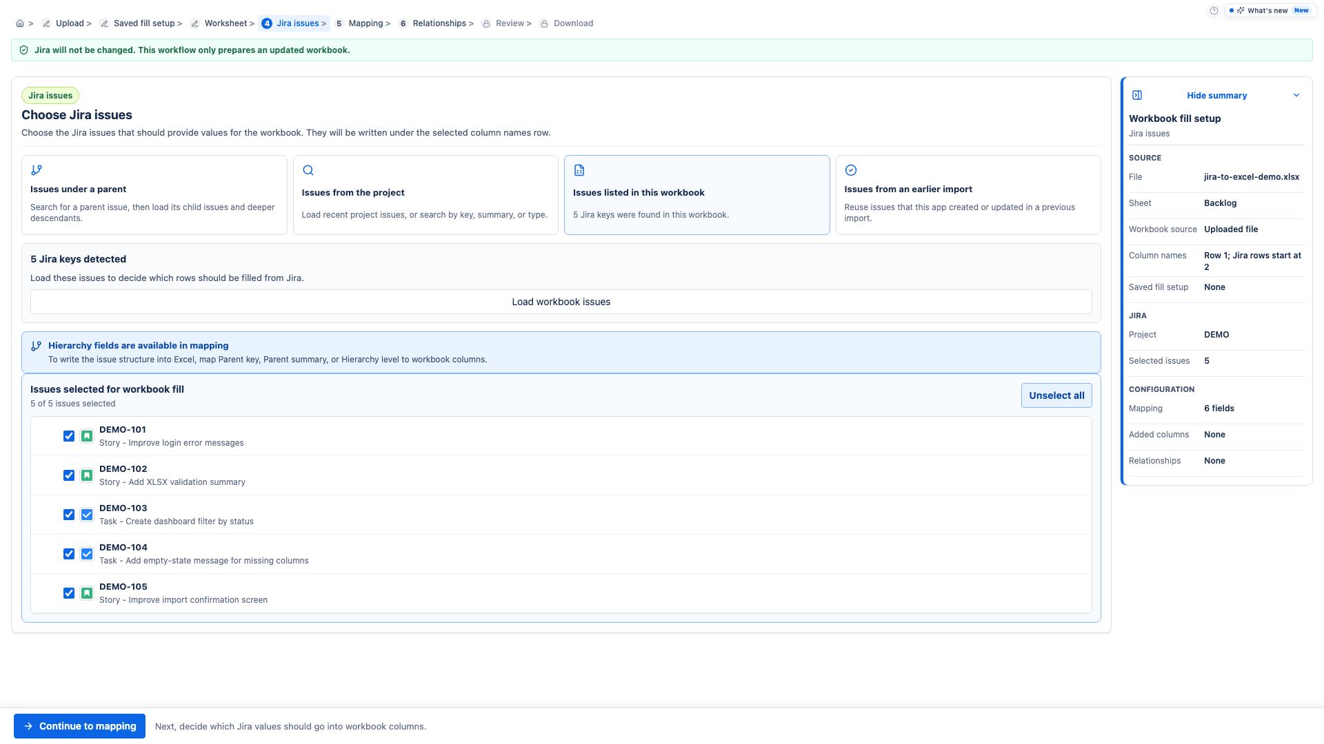 Fill Excel workflow Jira issue selection screen.