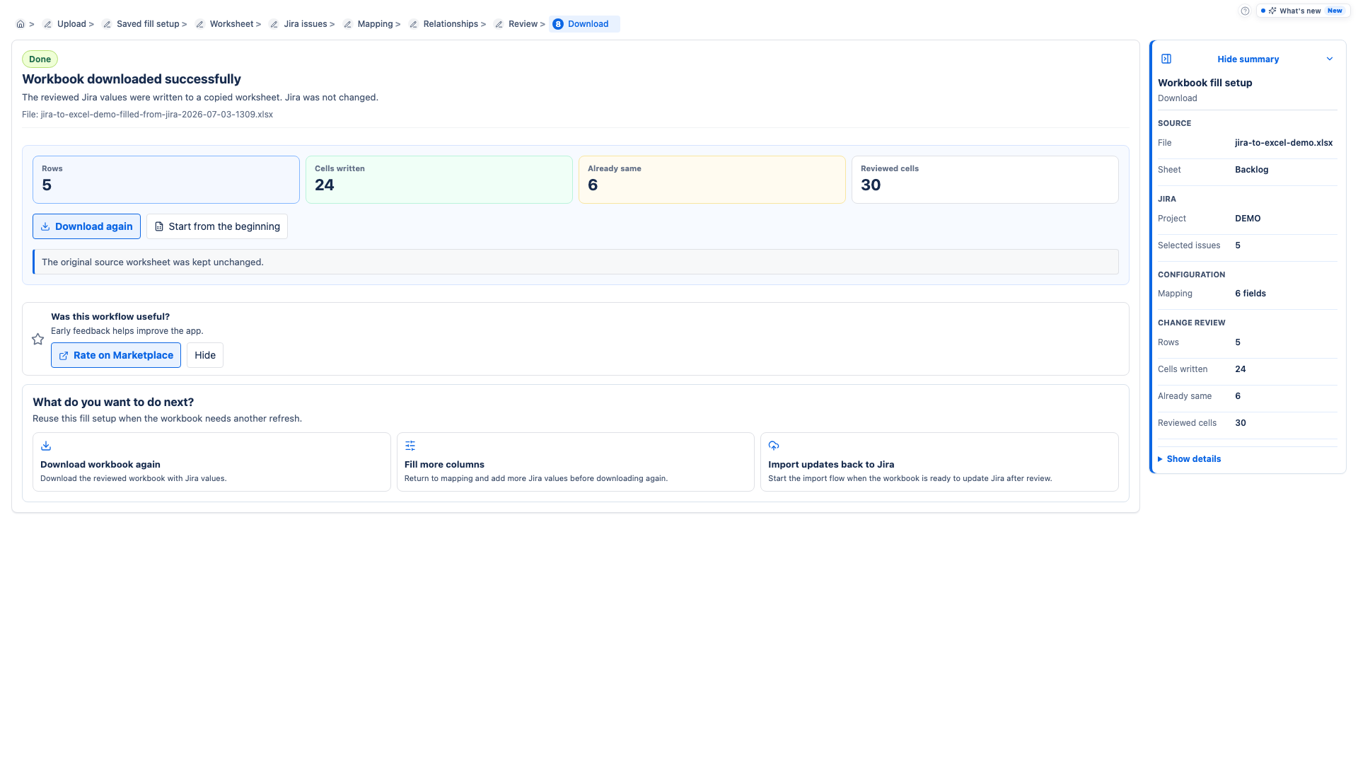 Fill Excel workflow download-ready screen.