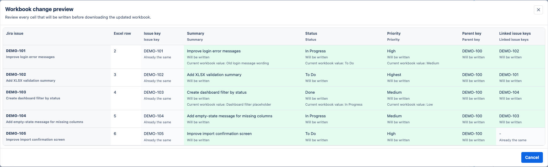 Large workbook change preview modal.