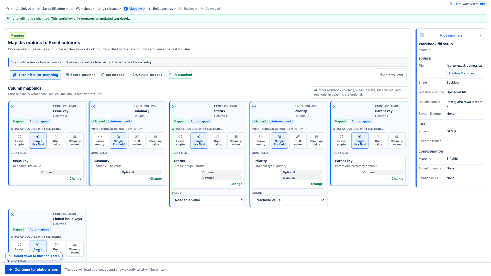 Fill Excel workflow mapping Jira fields to workbook columns.