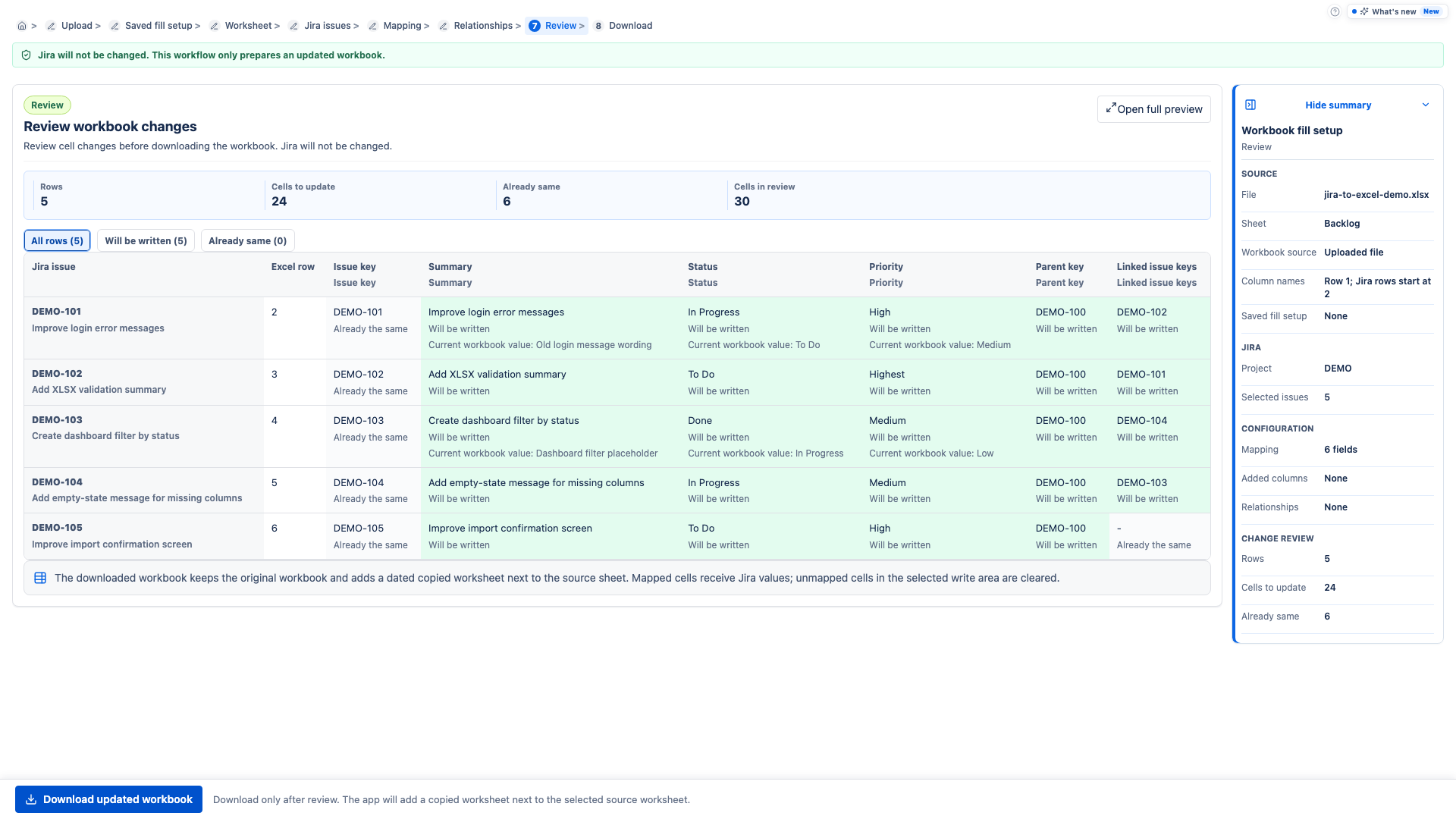 Fill Excel workflow review screen for workbook cell changes.