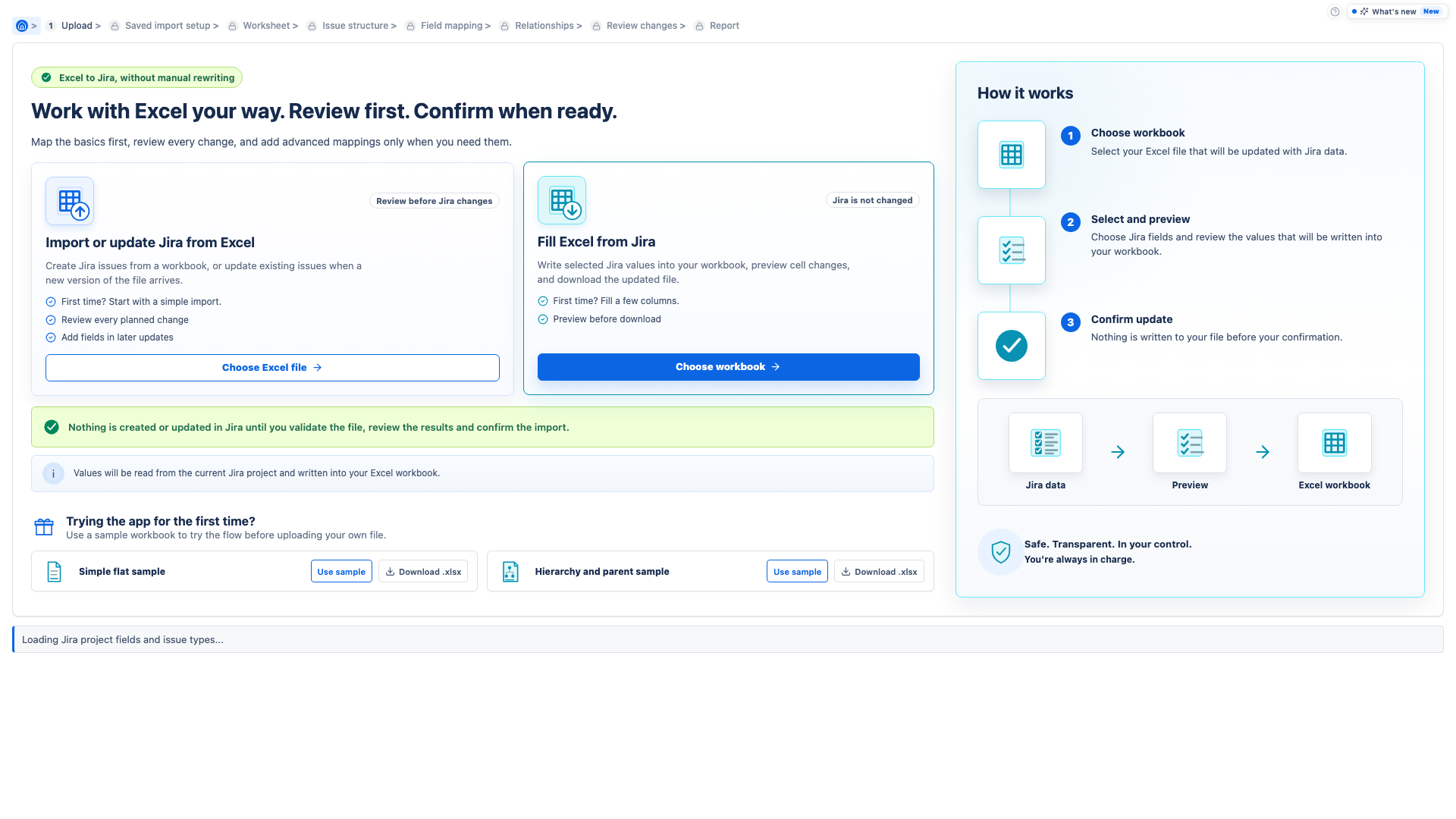Start screen with Fill Excel from Jira selected.