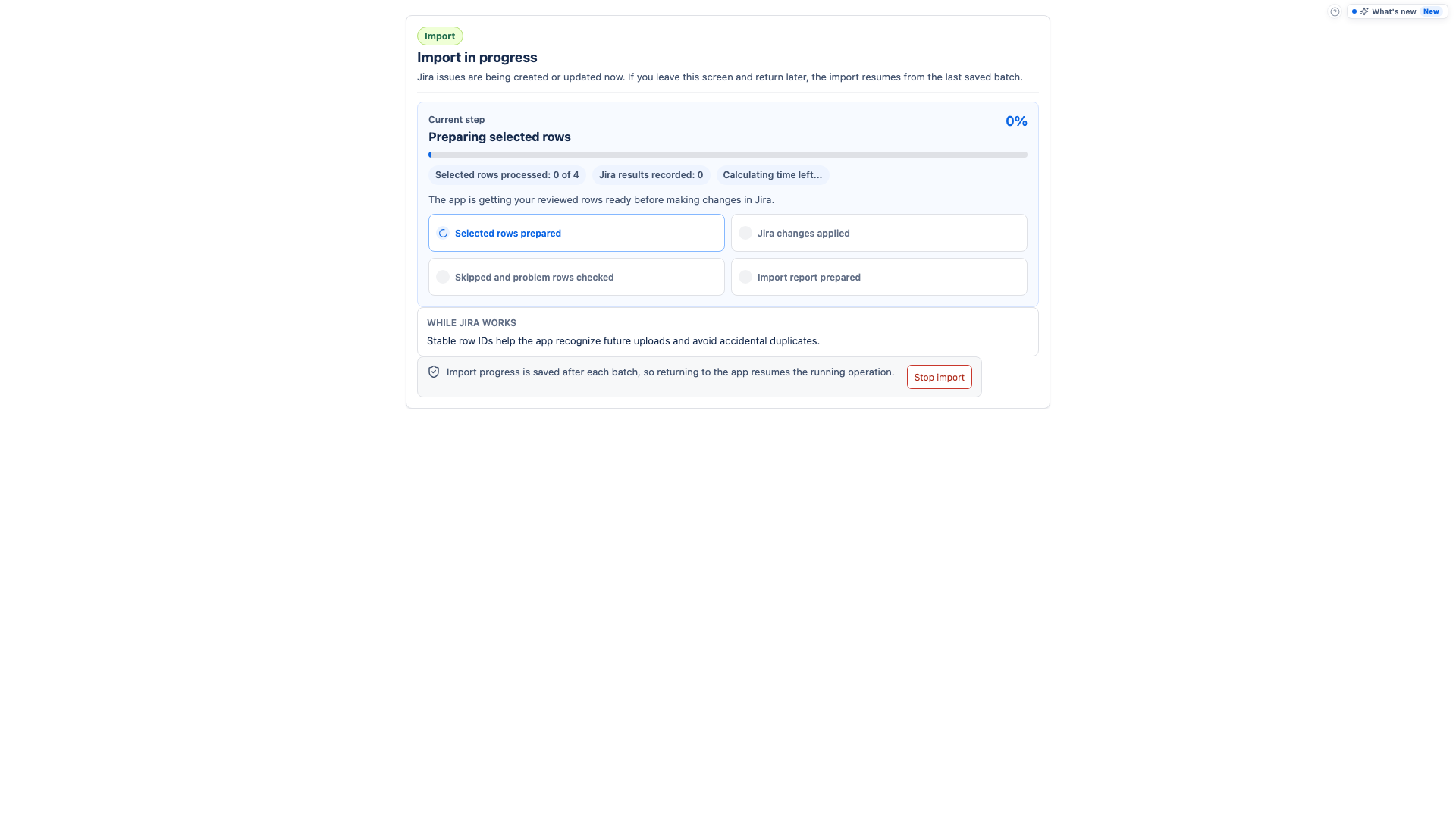 Import progress screen shown while Jira changes are running.