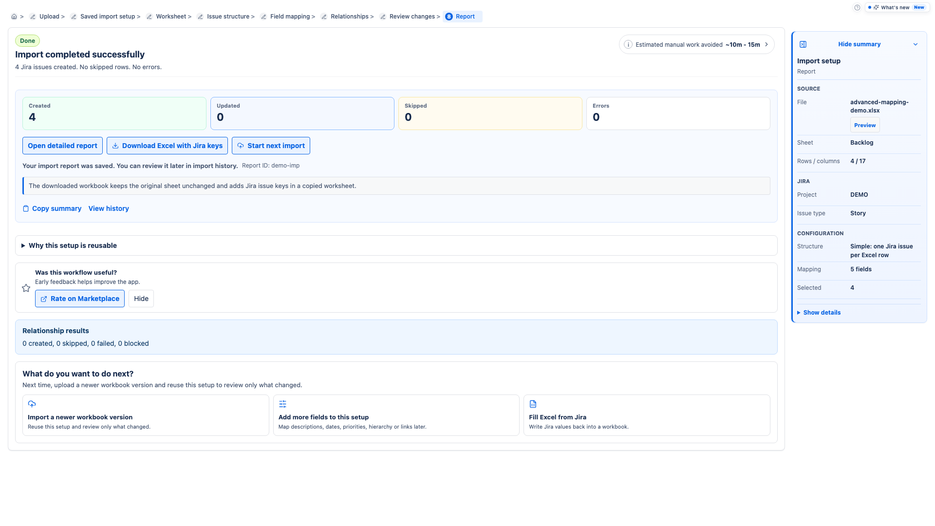 Import report with created issues and row statuses.
