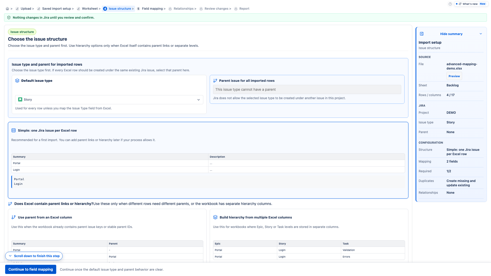 Issue structure screen using one Jira issue per Excel row.