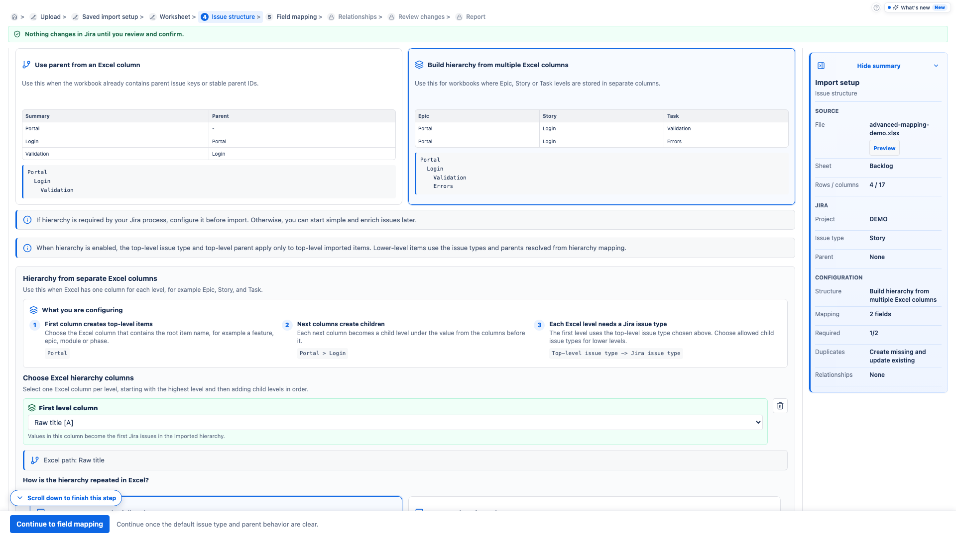 Issue structure screen using multiple hierarchy columns.