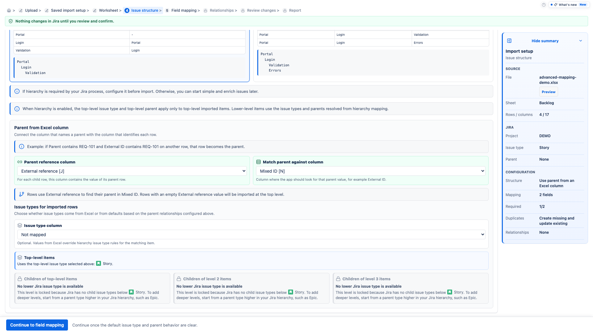 Issue structure screen using parent references from workbook columns.