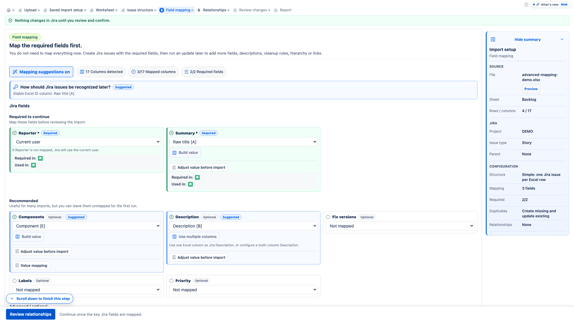 Field mapping screen with workbook columns mapped to Jira fields.