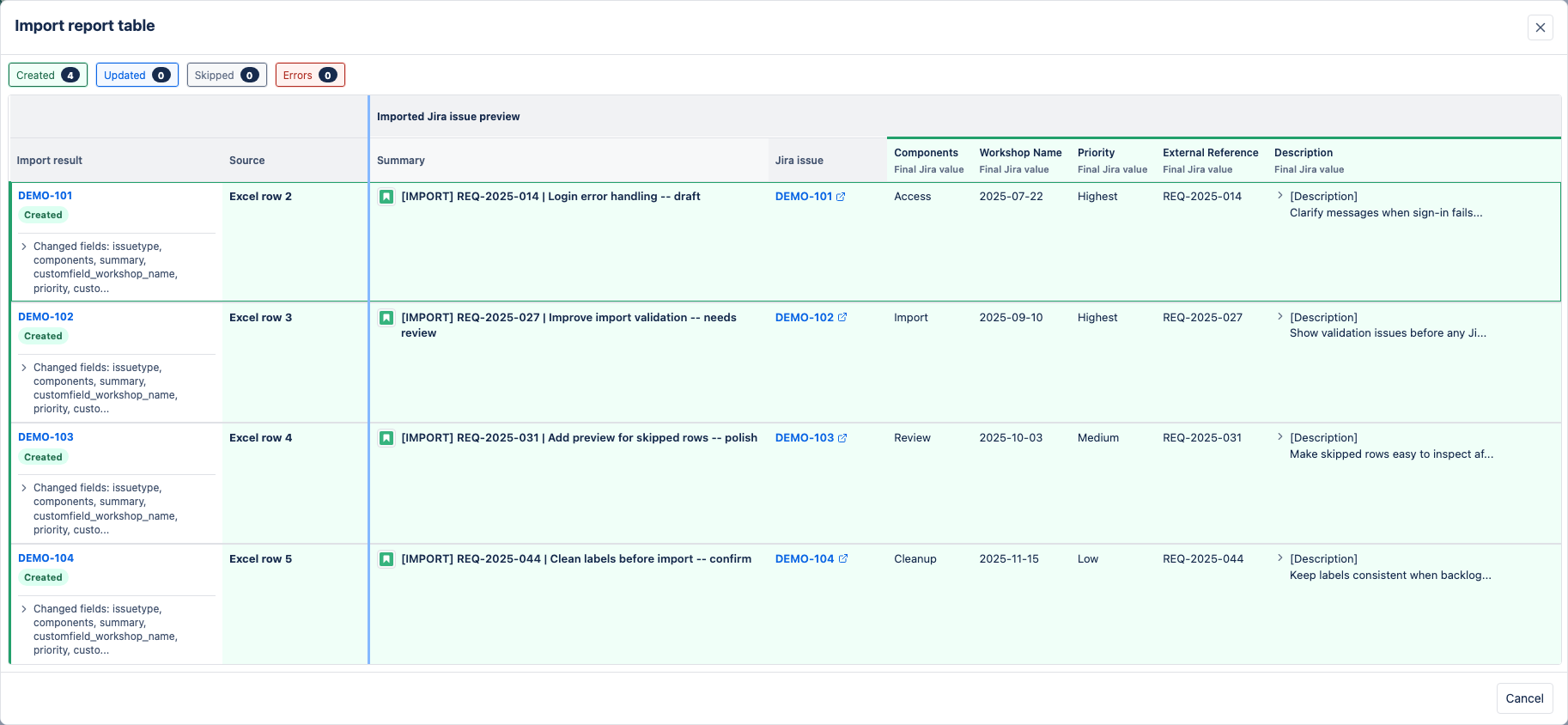 Large import report table modal.