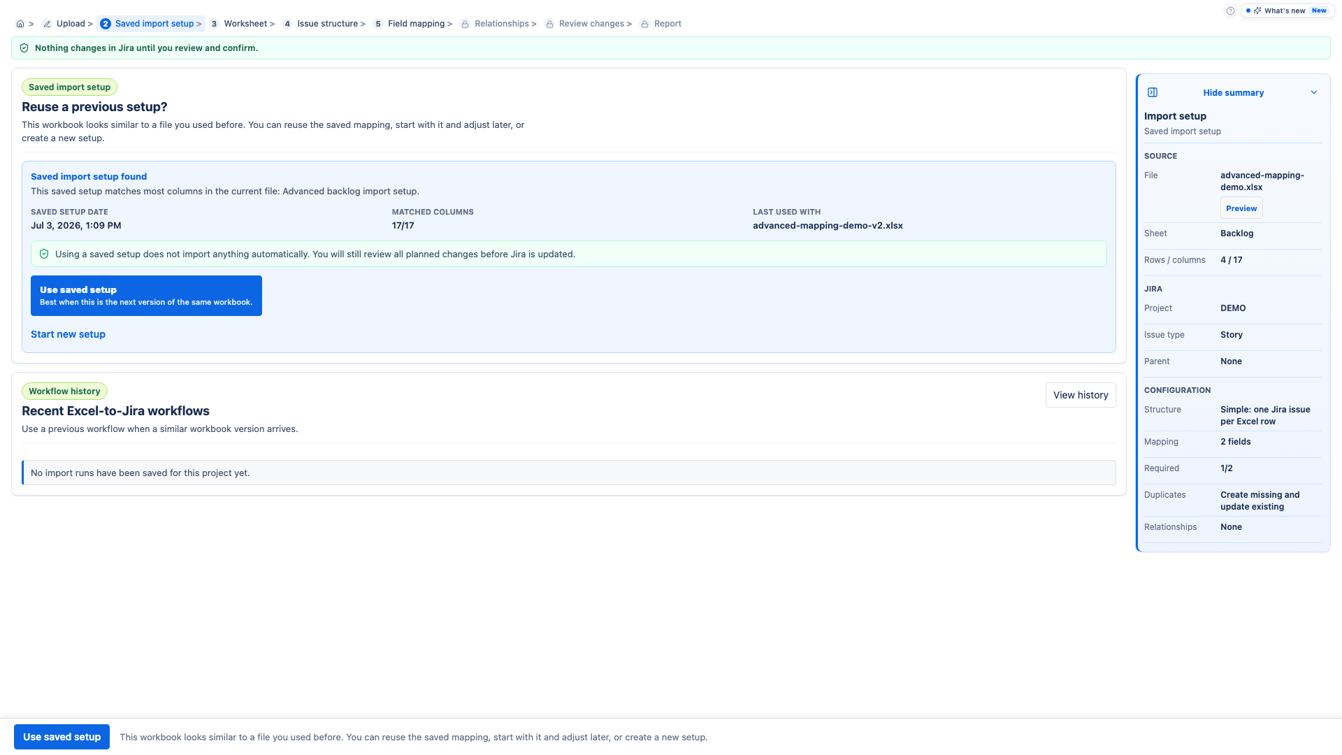 Saved import setup suggestion for a familiar workbook.