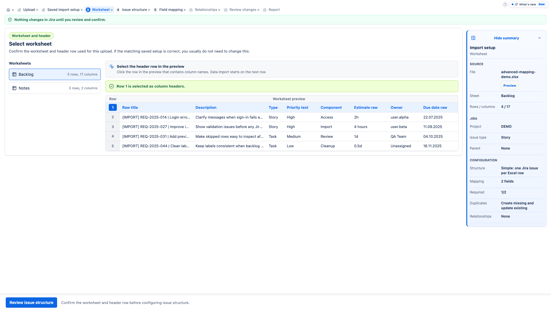 Worksheet selection screen with a selected header row.