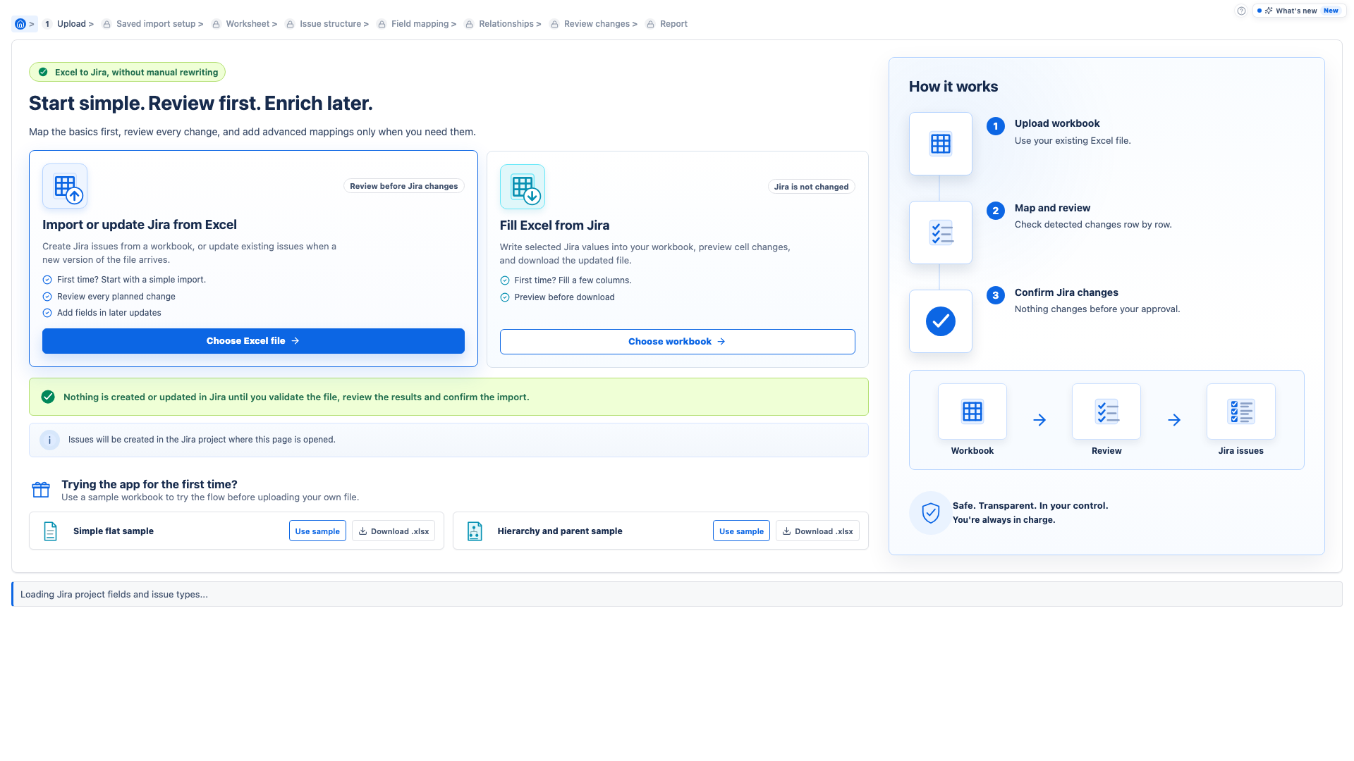 Start screen with Import or update Jira from Excel selected.