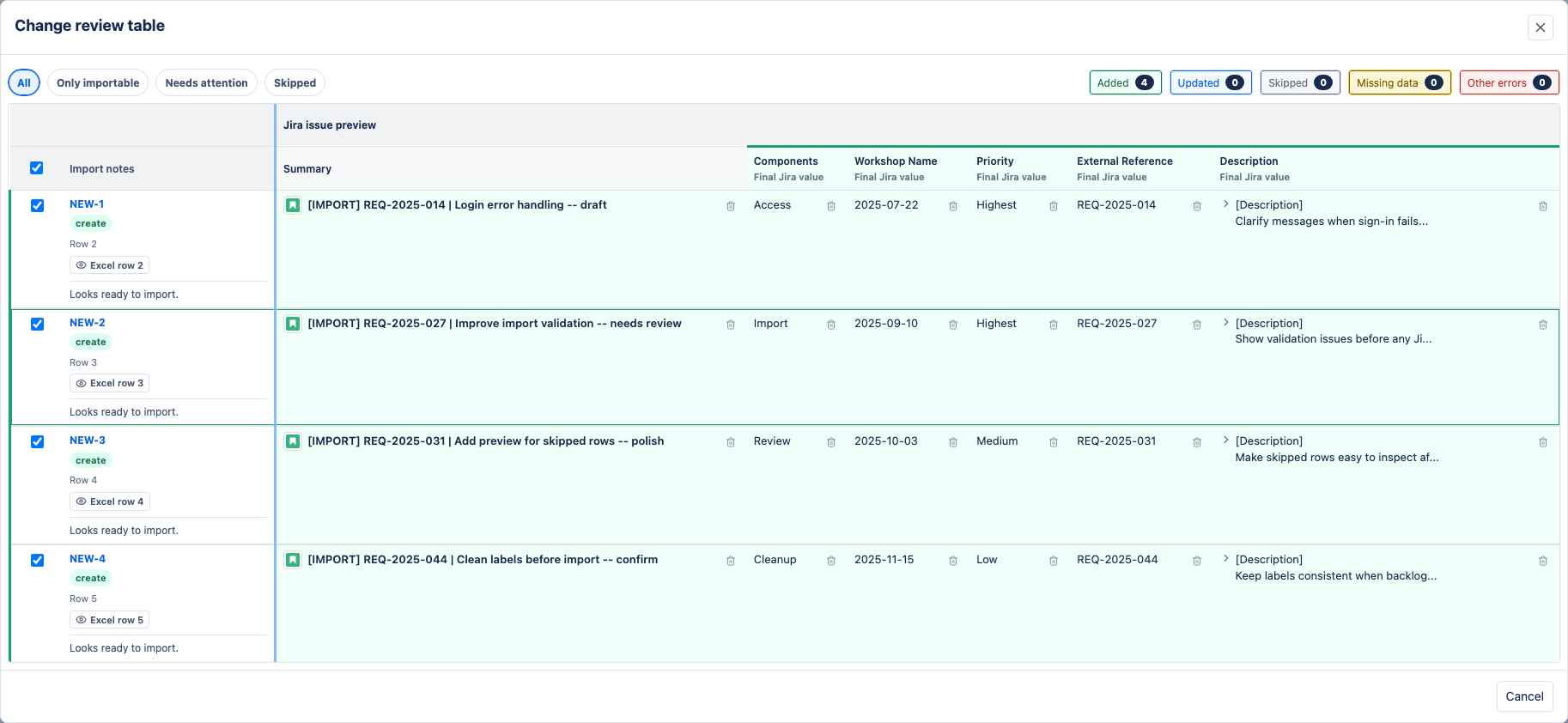 Large validation table modal.