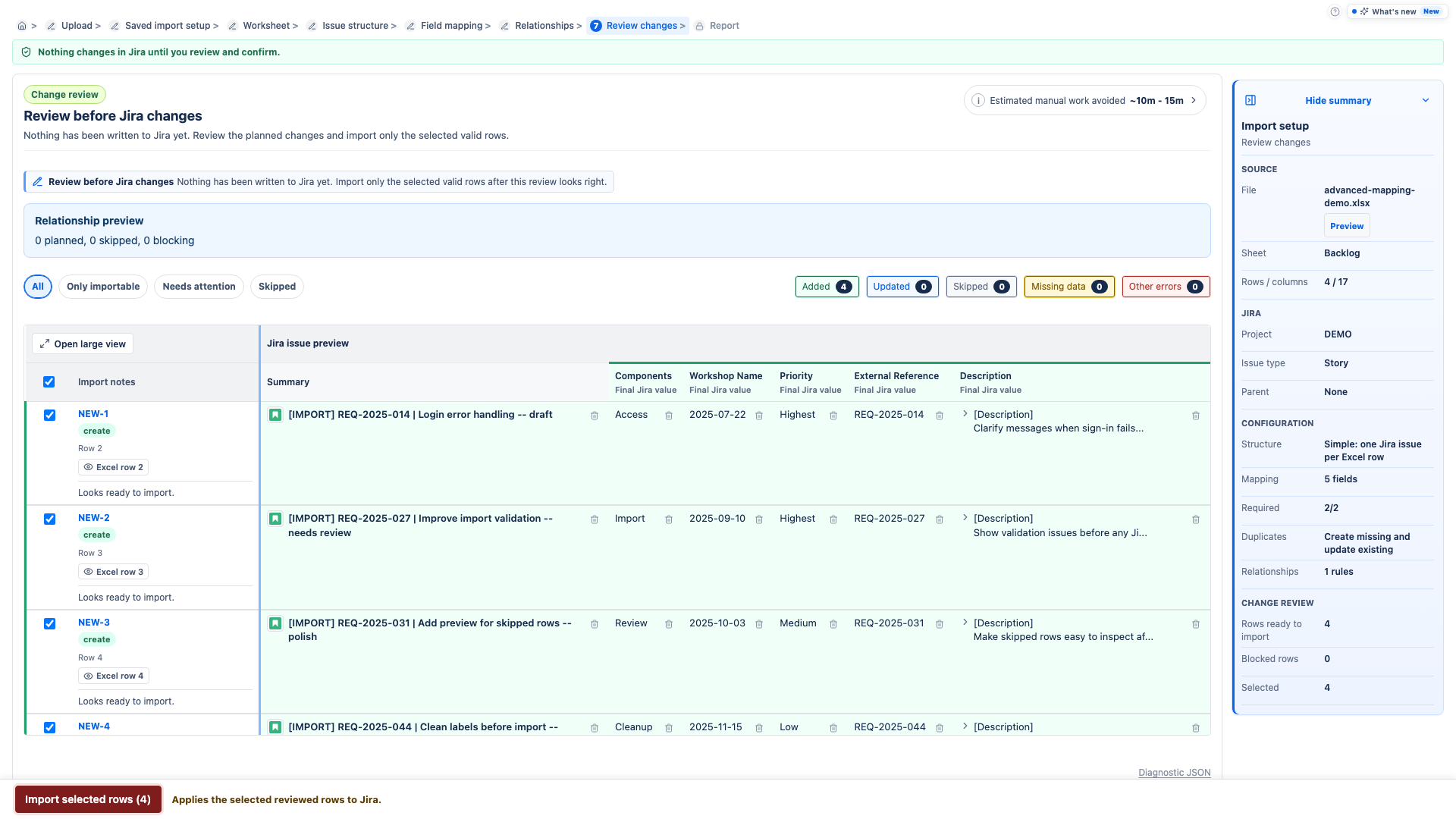 Validation preview showing rows ready to import and final Jira values.