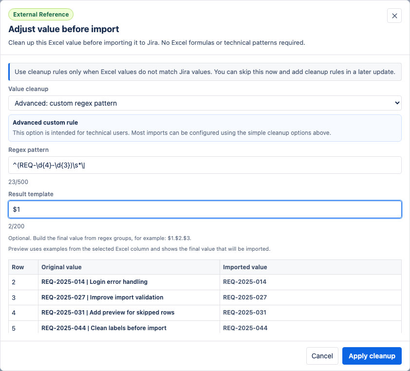 Advanced custom regex rule in the Value cleanup modal.