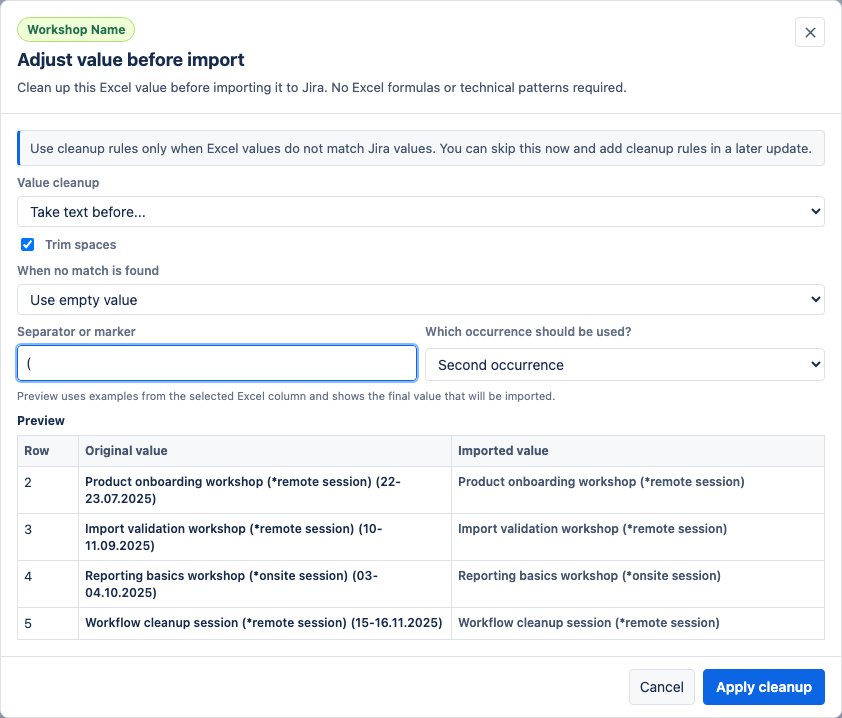 Value cleanup modal using the Take text before rule.