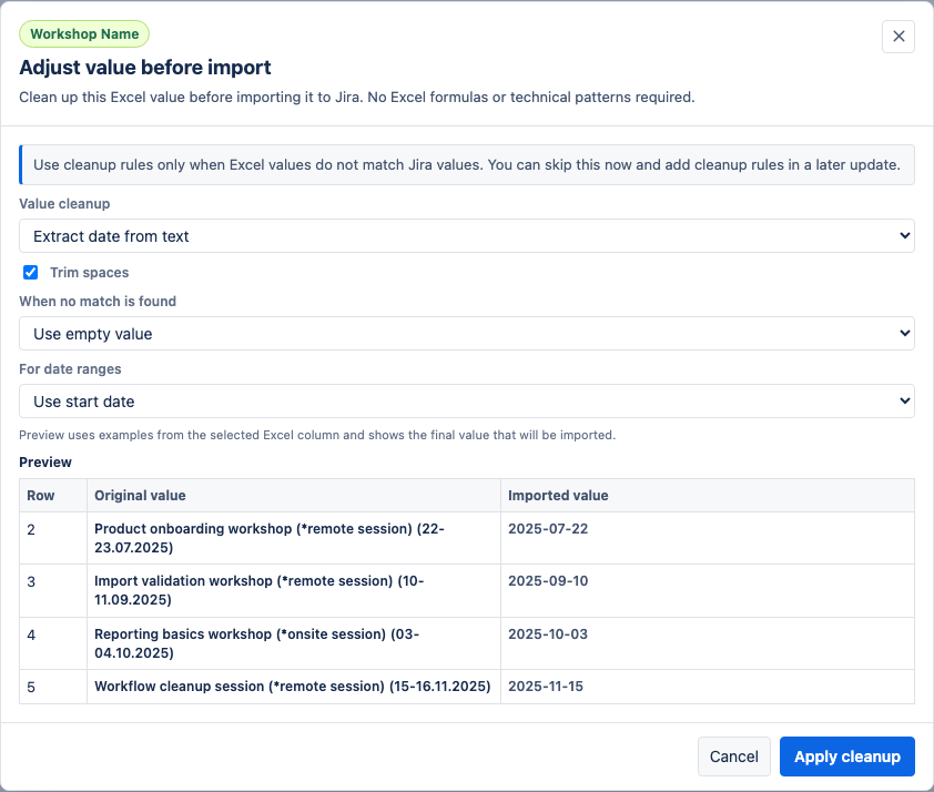 Value cleanup modal extracting a date from text.