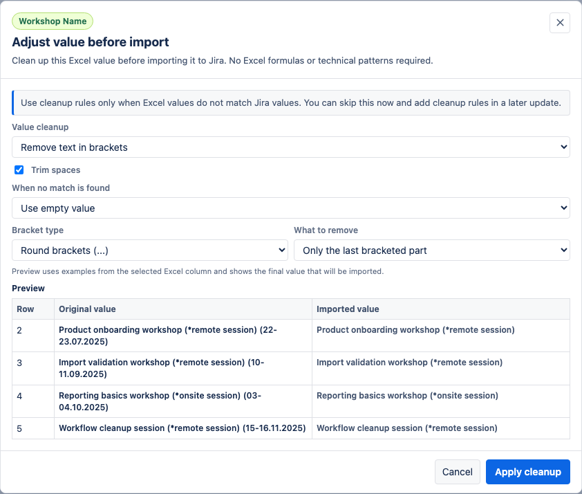 Value cleanup modal removing bracketed text.
