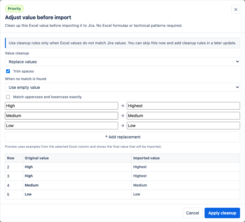 Value cleanup modal replacing workbook values with Jira values.