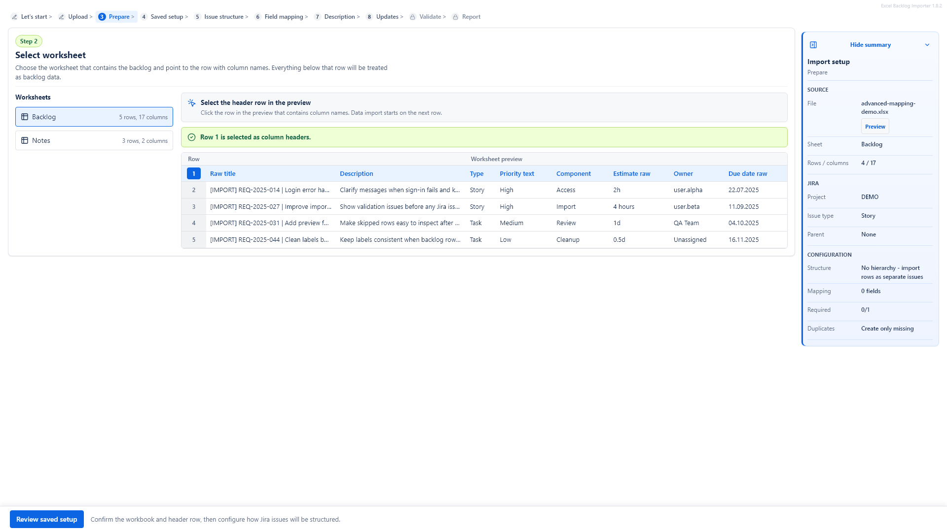 Excel to Jira Importer & Updater worksheet selection screen