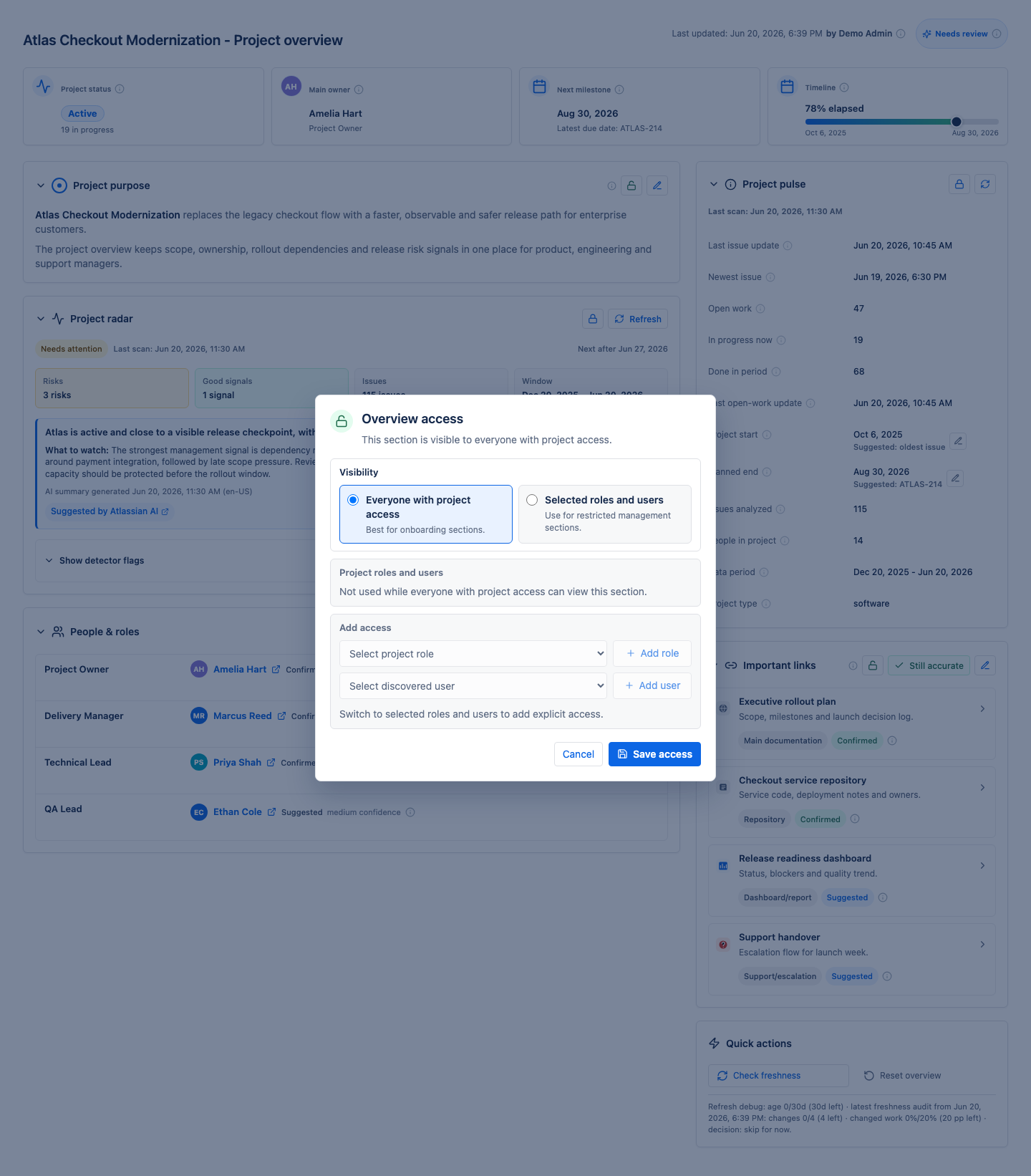 Section access modal with view and edit permissions for roles and users