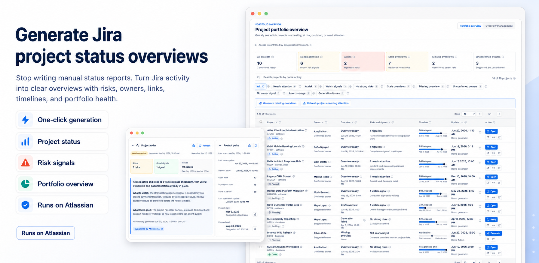 Project Overview and Status Hub infographic showing Jira project status overviews, portfolio overview, risk signals and Atlassian Forge