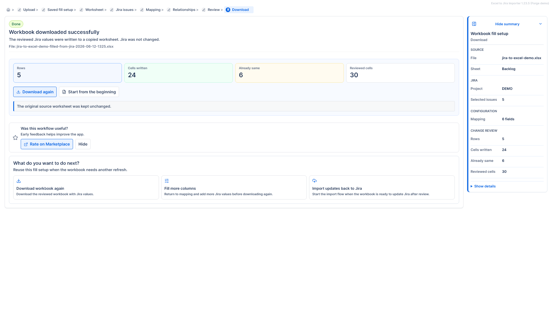 Fill Excel from Jira download complete screen