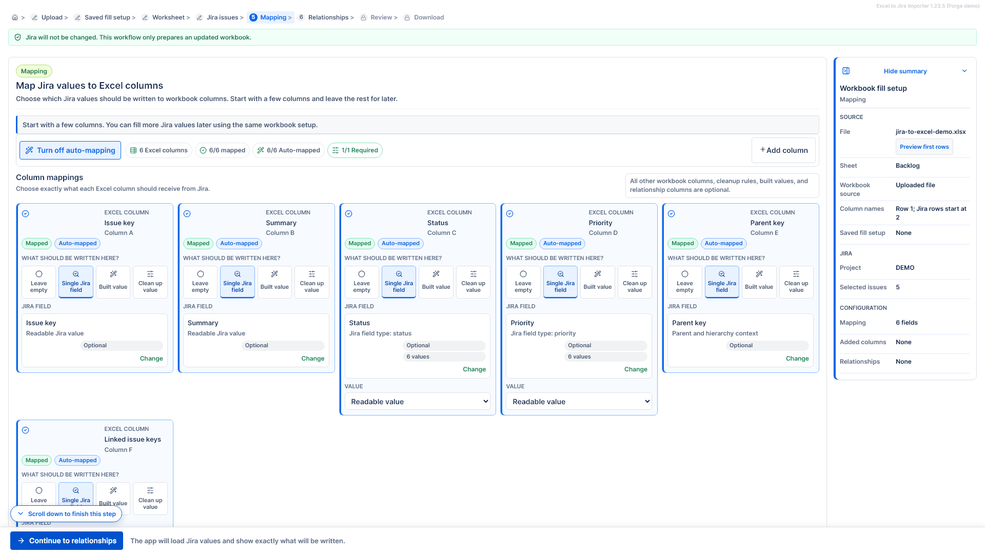 Mapping Jira fields to Excel workbook columns