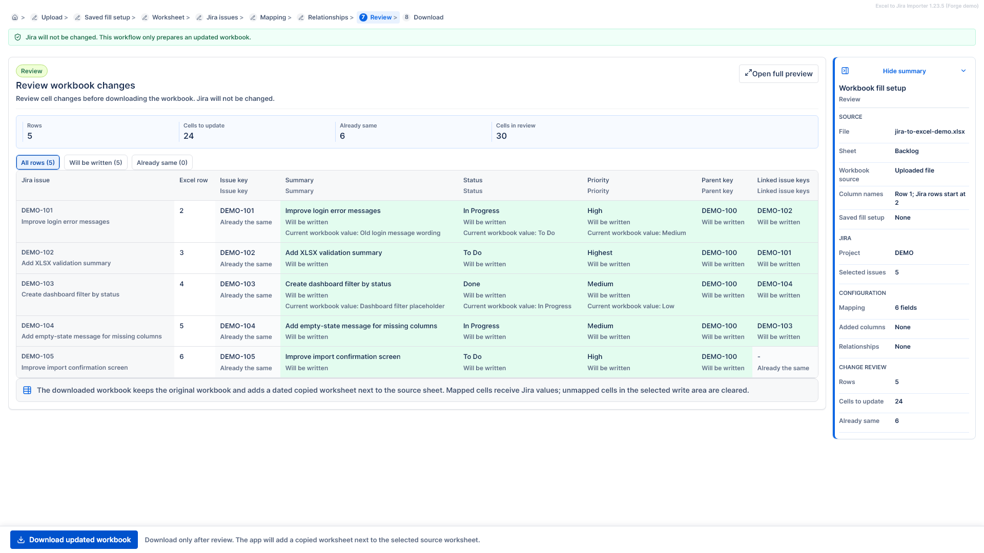 Fill Excel from Jira review preview showing planned workbook cell changes