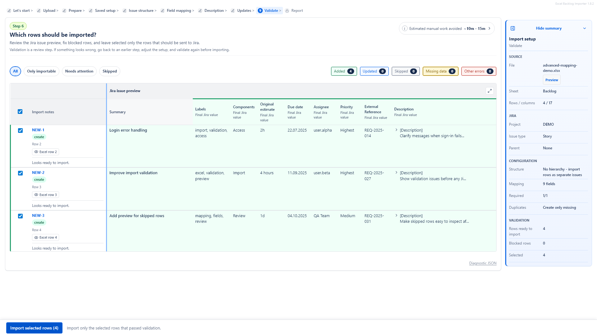 Review table showing planned Jira creates updates skipped rows and errors before import