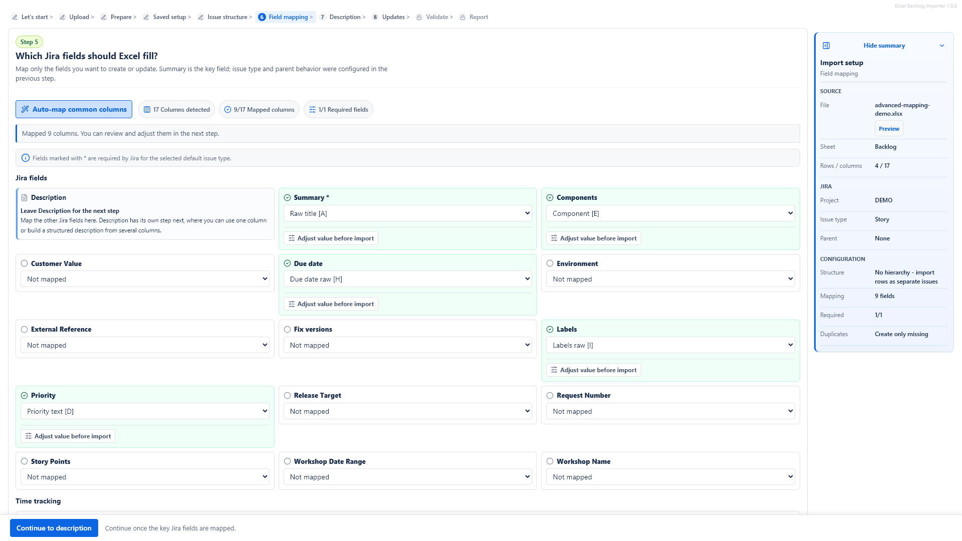 Excel columns mapped to Jira fields before import