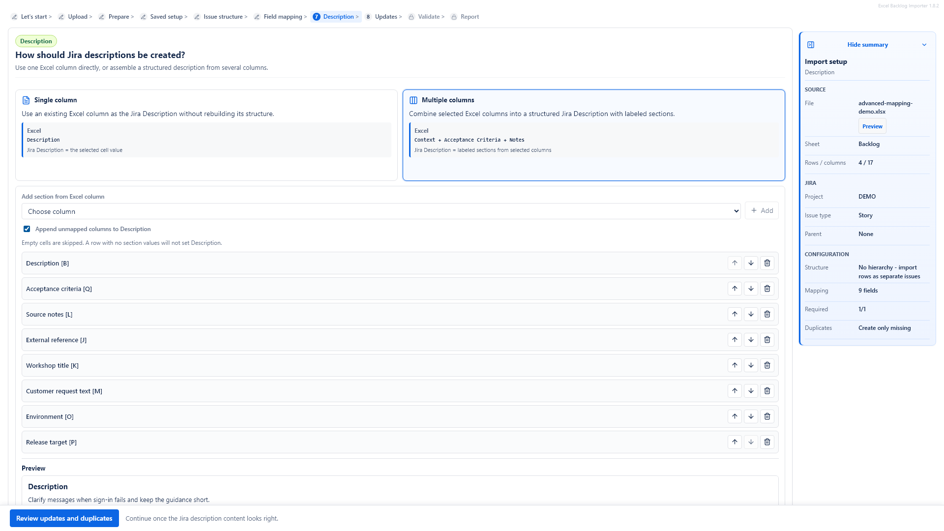 Description Builder combining several Excel columns into a Jira description