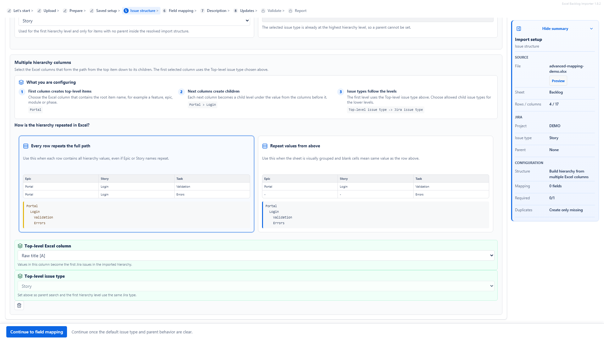 Multi-column hierarchy setup for importing Epics Stories and Sub-tasks from Excel to Jira