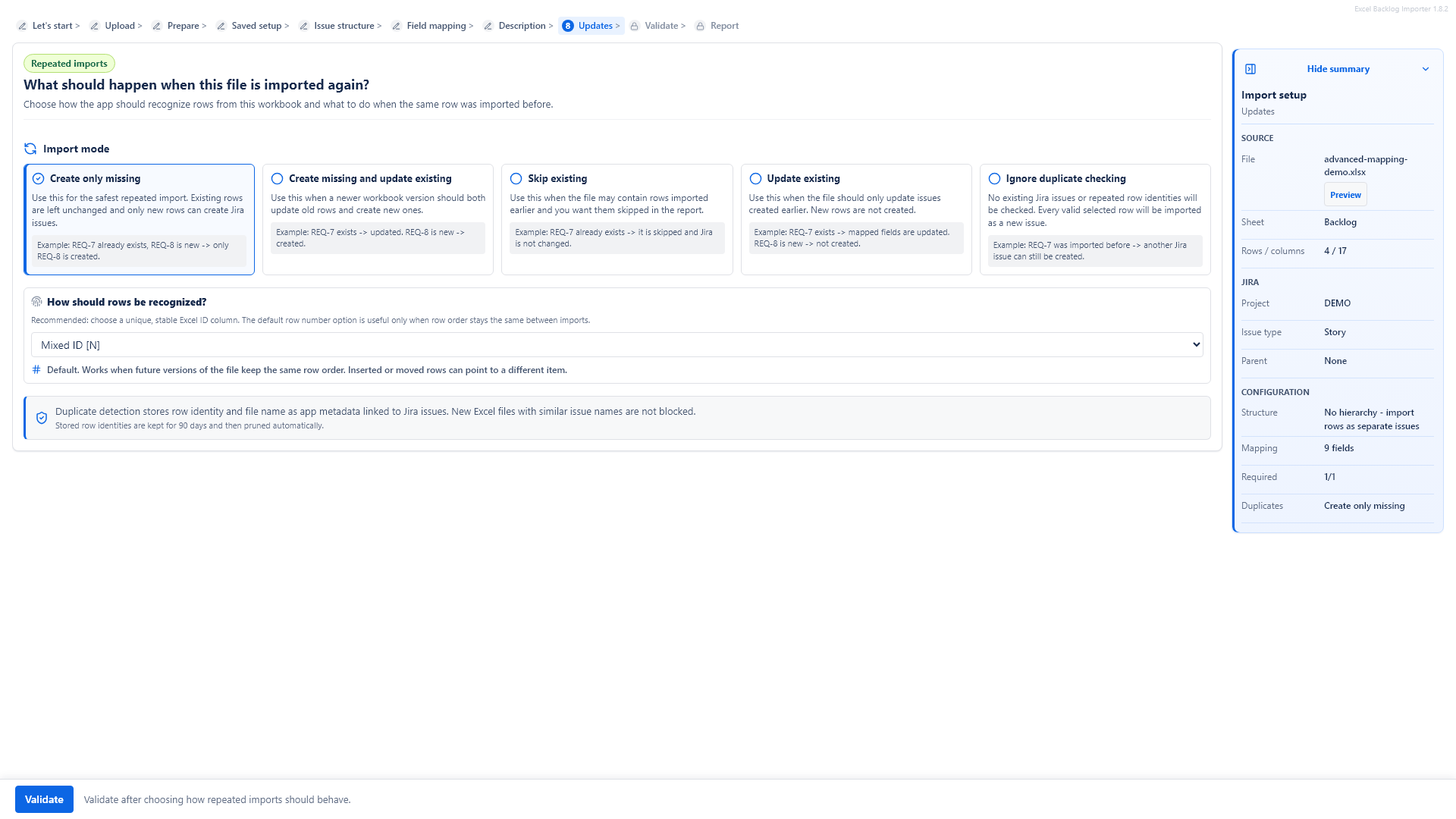Duplicate handling and update mode review before Jira changes