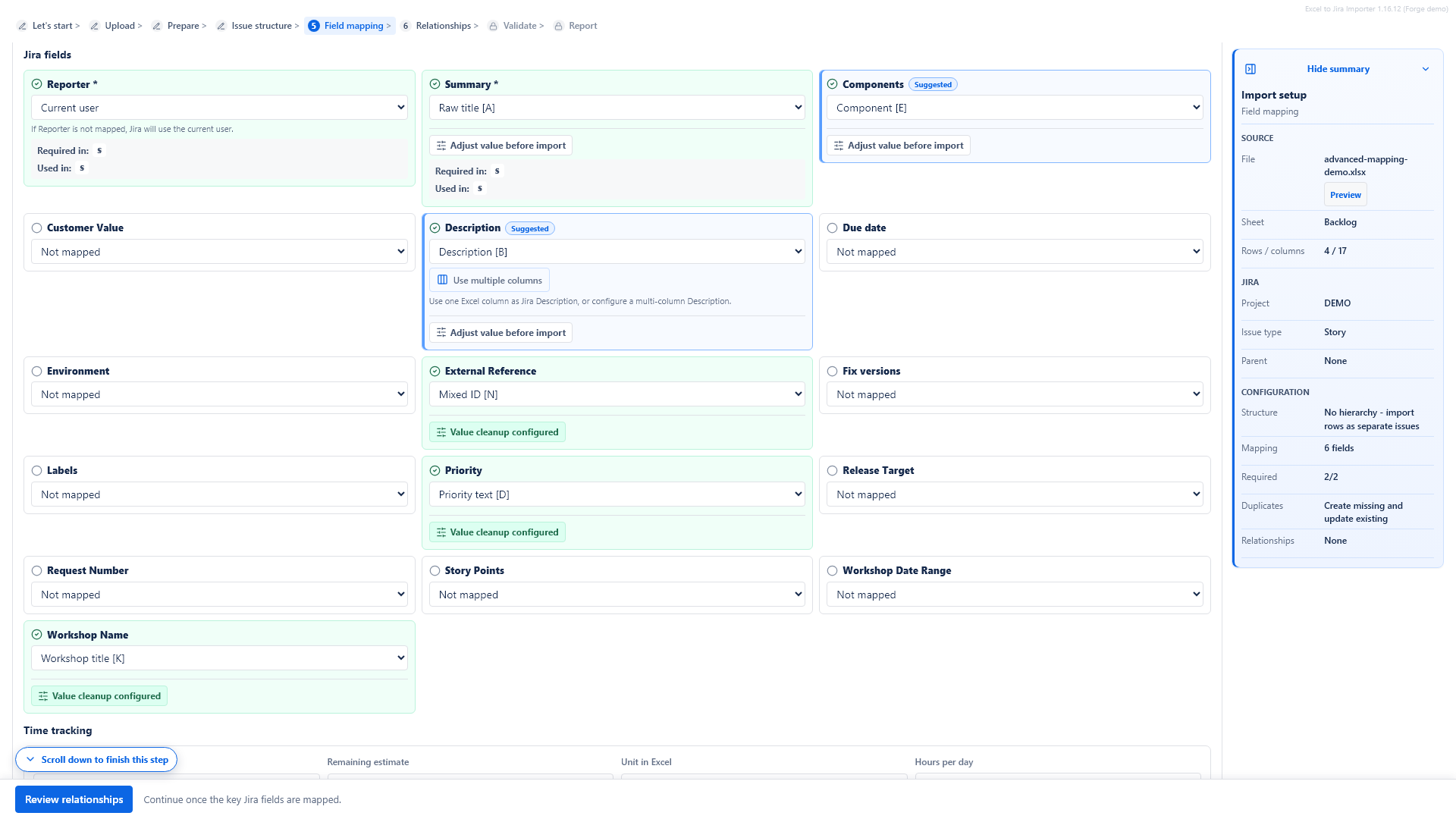 Description step using a single Excel column as the Jira Description.