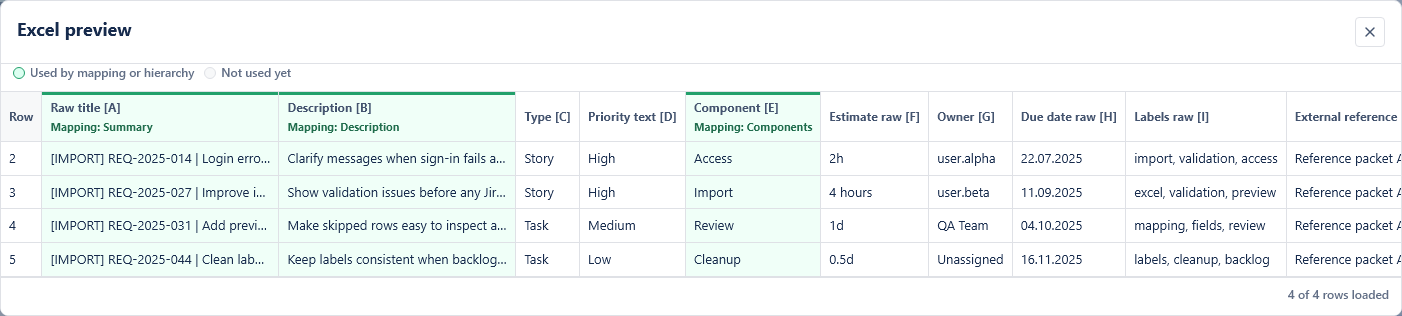 Excel preview modal showing selected workbook rows and columns.