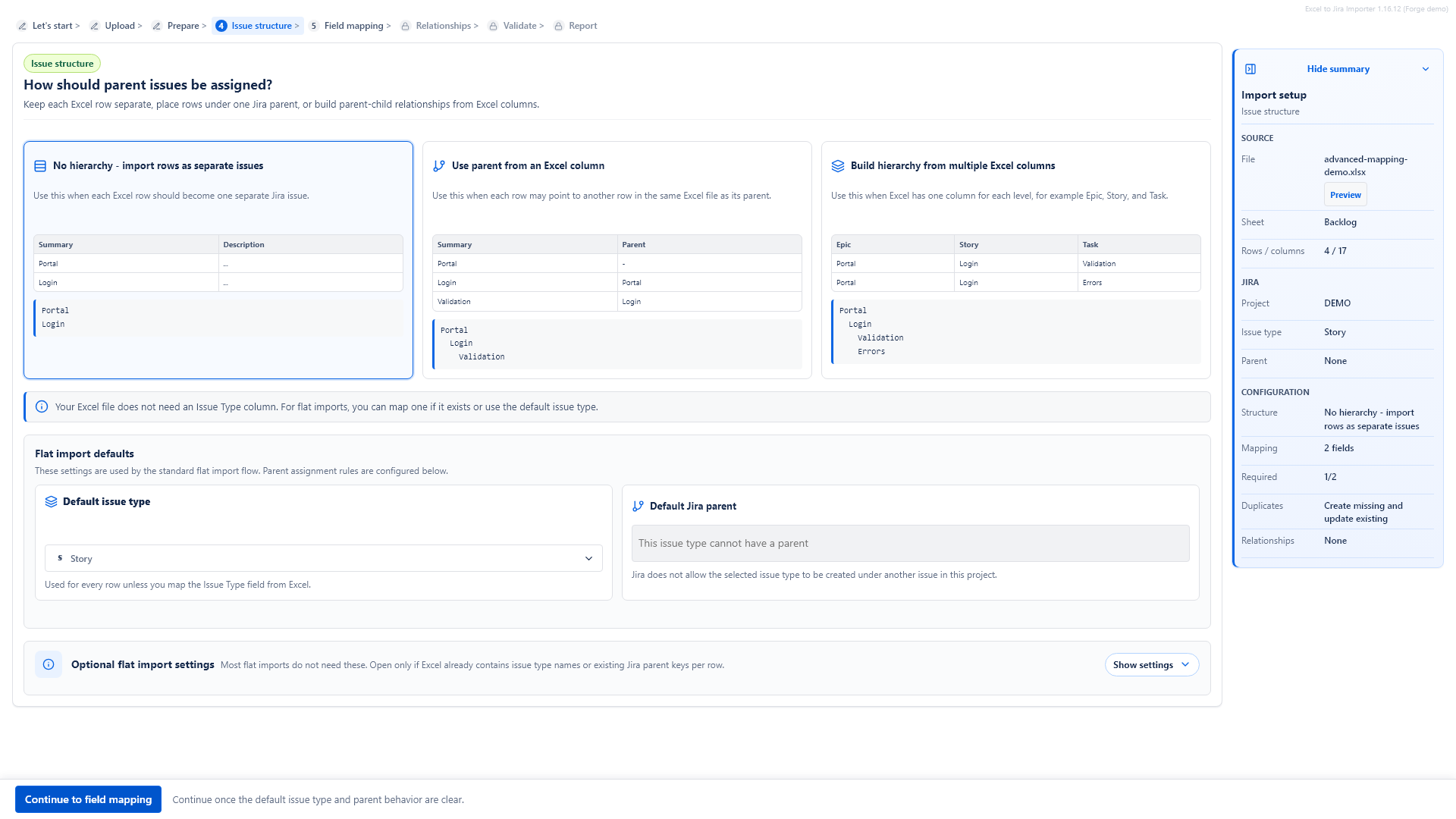 Issue structure screen with the flat import option selected.