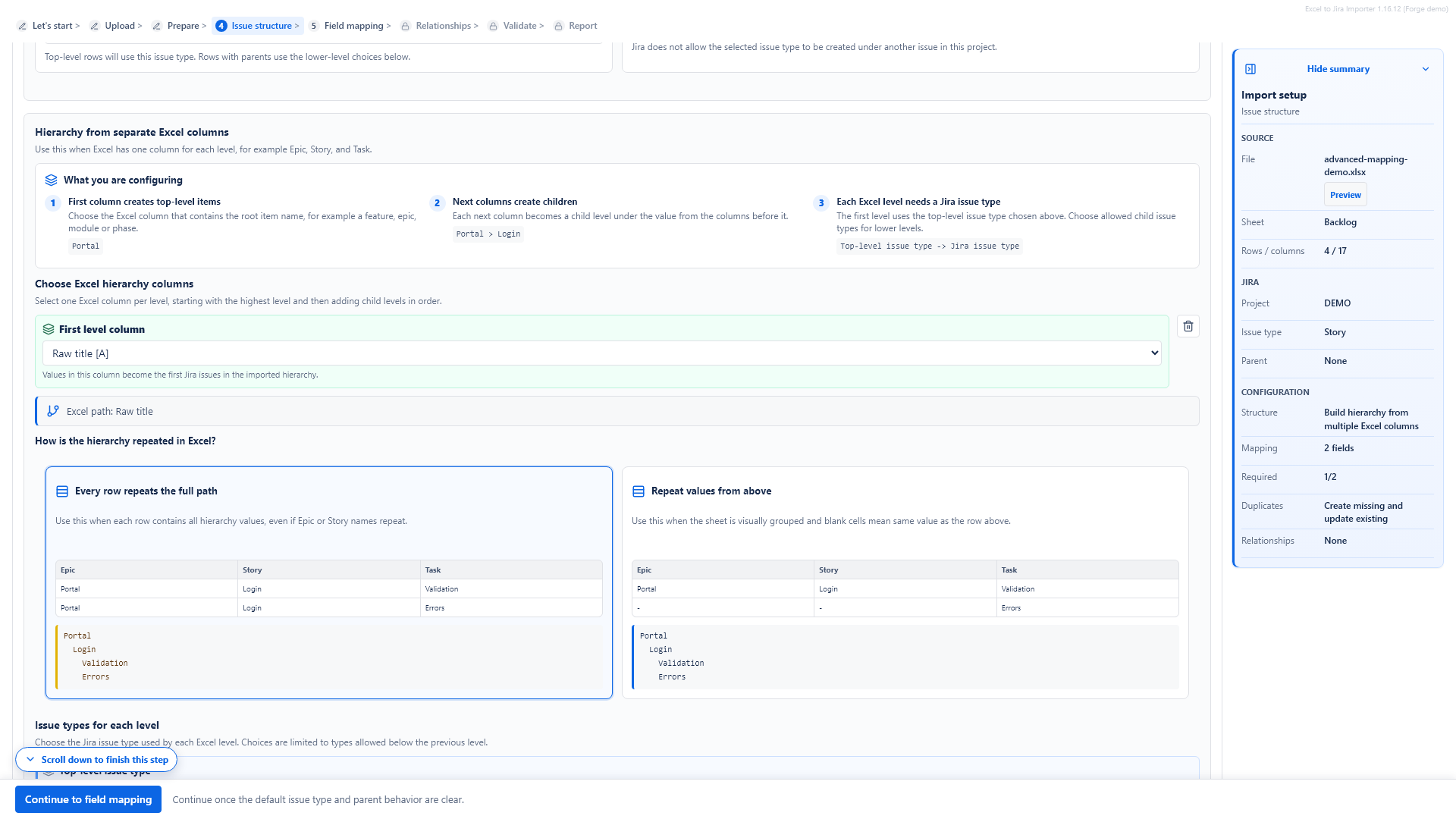 Issue structure screen configured for multi-column hierarchy mapping.
