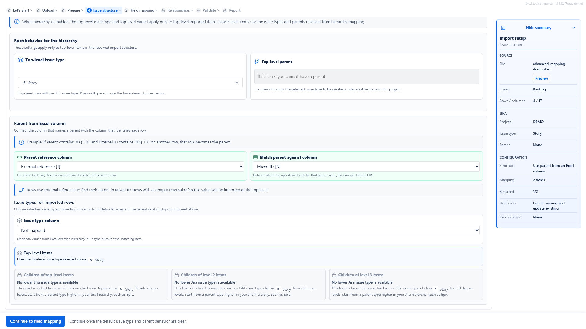 Issue structure screen configured to use a parent reference from Excel columns.