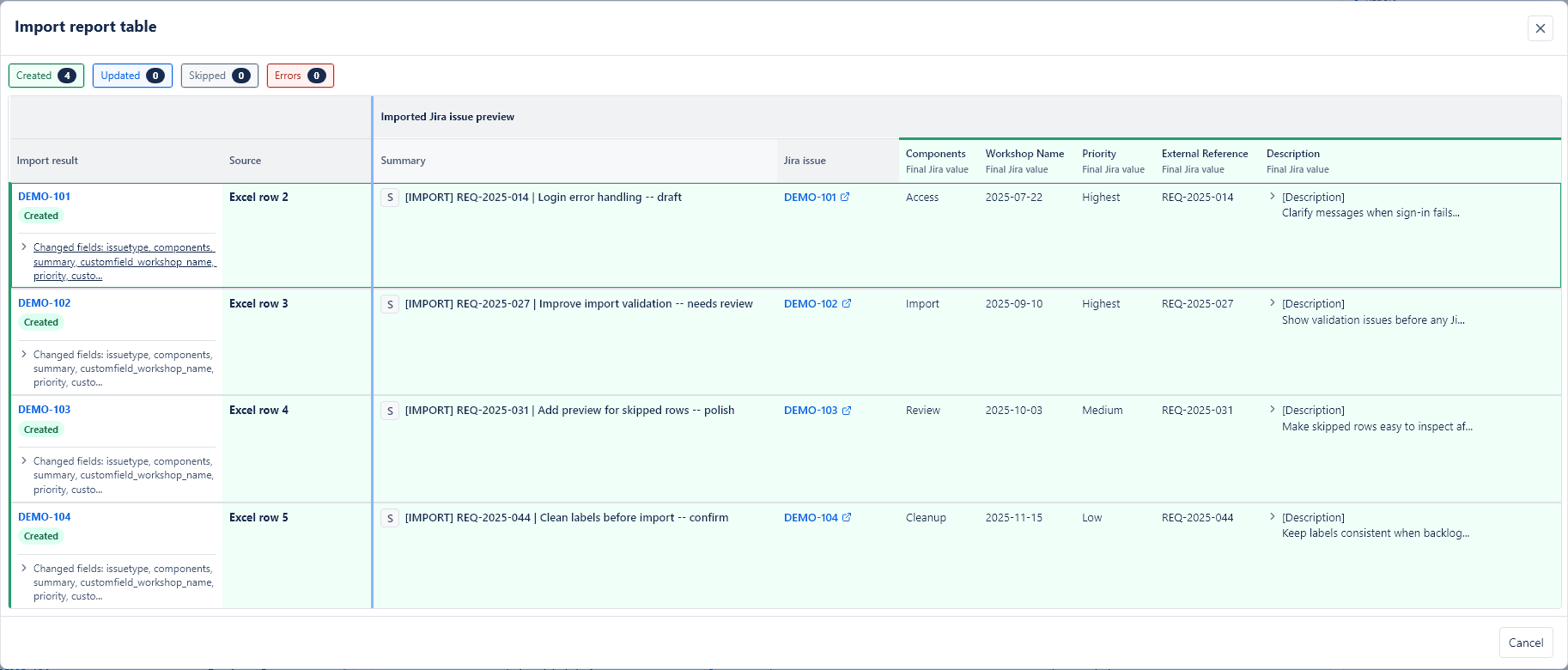 Large import report table with many processed rows and Jira issue keys.