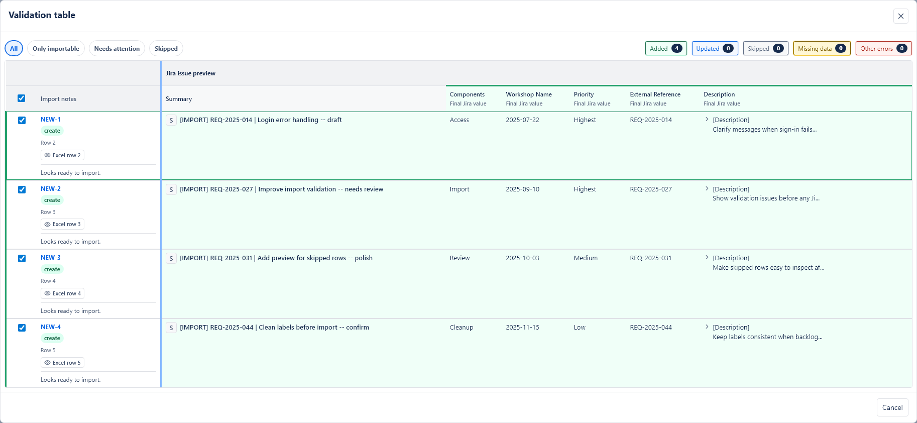 Large validation table showing many Excel rows and Jira field values.