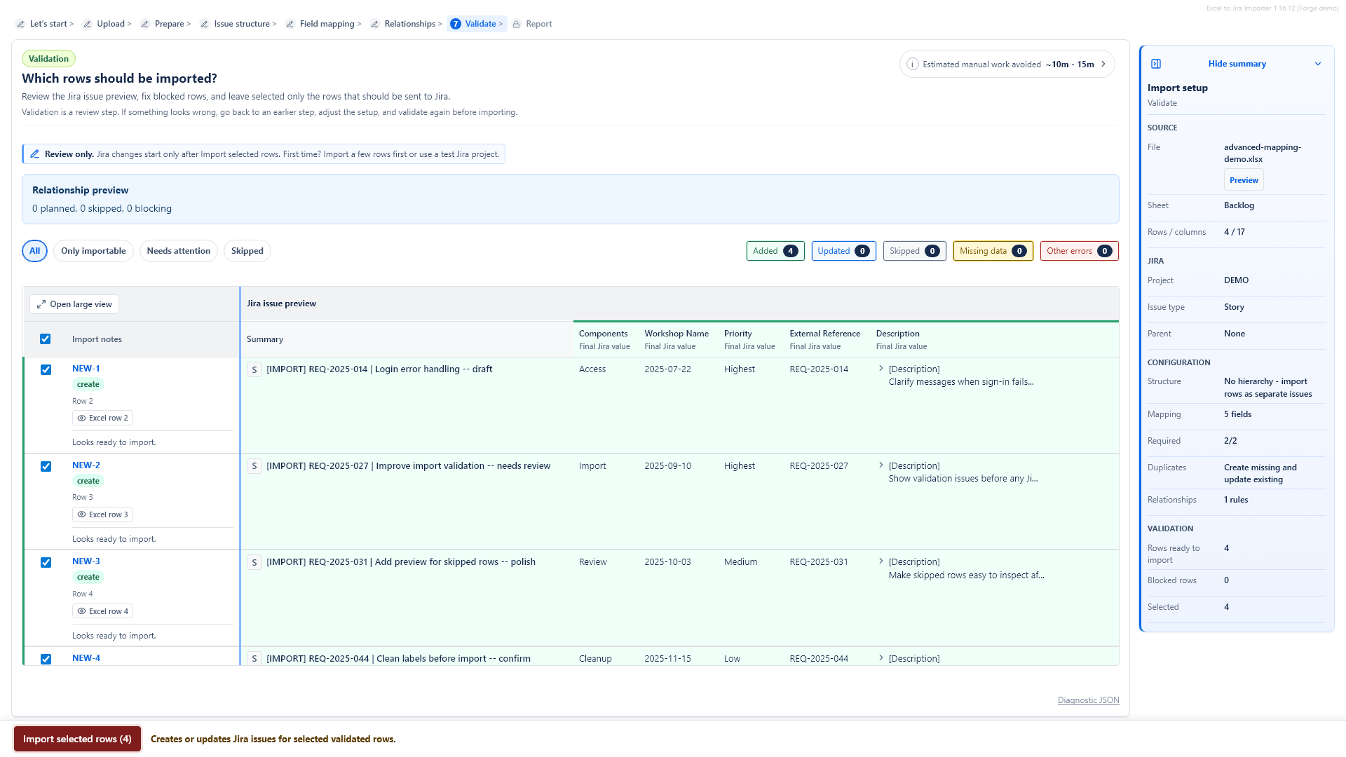 Validation preview showing rows ready to import, filters, final Jira values and import button.