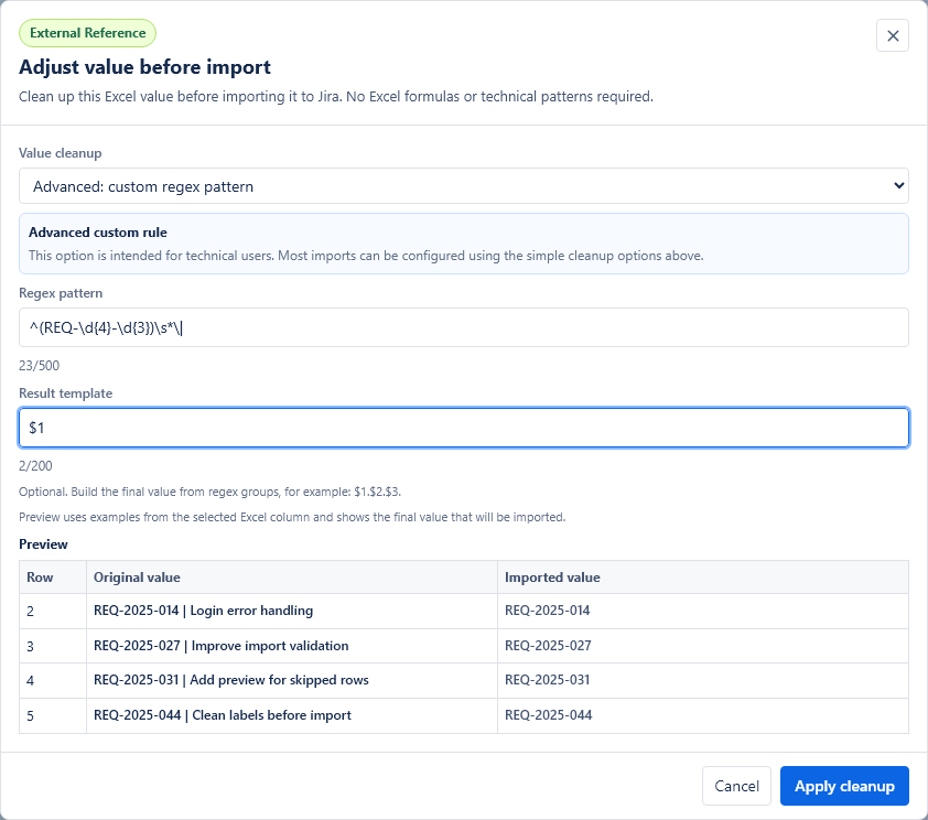 Advanced Value cleanup modal with a custom regex pattern.