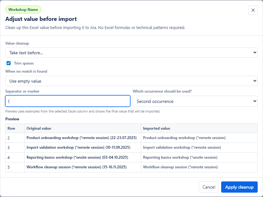 Value cleanup modal before a cleanup rule is configured.